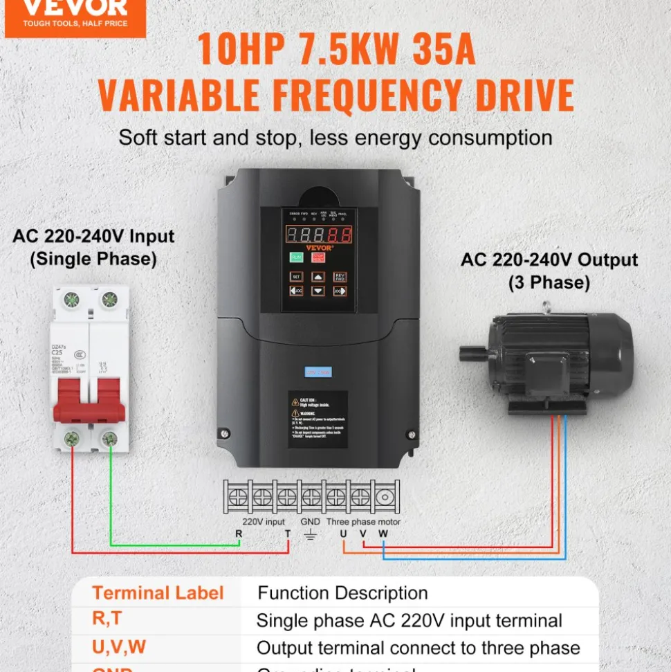VEVOR VFD 10HP, 7.5KW, 35A, 1 or 3 Phase 220V Input to 3 Phase 220V Output Variable Frequency Drive, 40-60Hz Input, 0-400Hz Output VFD for Spindle Motor CNC Speed Control