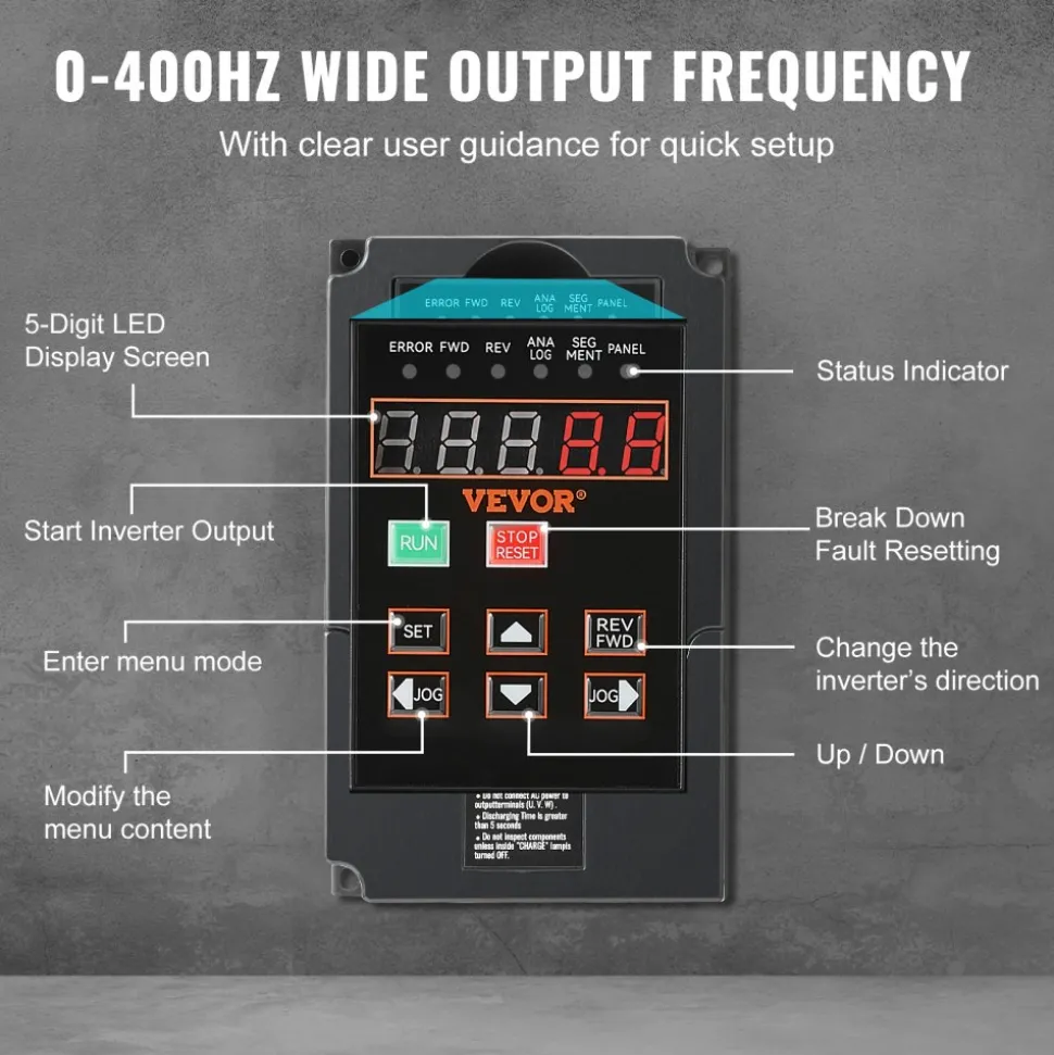 VEVOR VFD 2HP, 1.5KW, 7.5A, 1 or 3 Phase 220V Input to 3 Phase 220V Output Variable Frequency Drive, 40-60Hz Input, 0-400Hz Output VFD for Spindle Motor CNC Speed Control