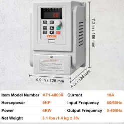 VEVOR VFD 5HP, 4KW, 18A, 1 Phase 220V-240V Input to 3 Phase 220V-240V Output Variable Frequency Drive, 0-400Hz VFD for AC Motor Speed Control