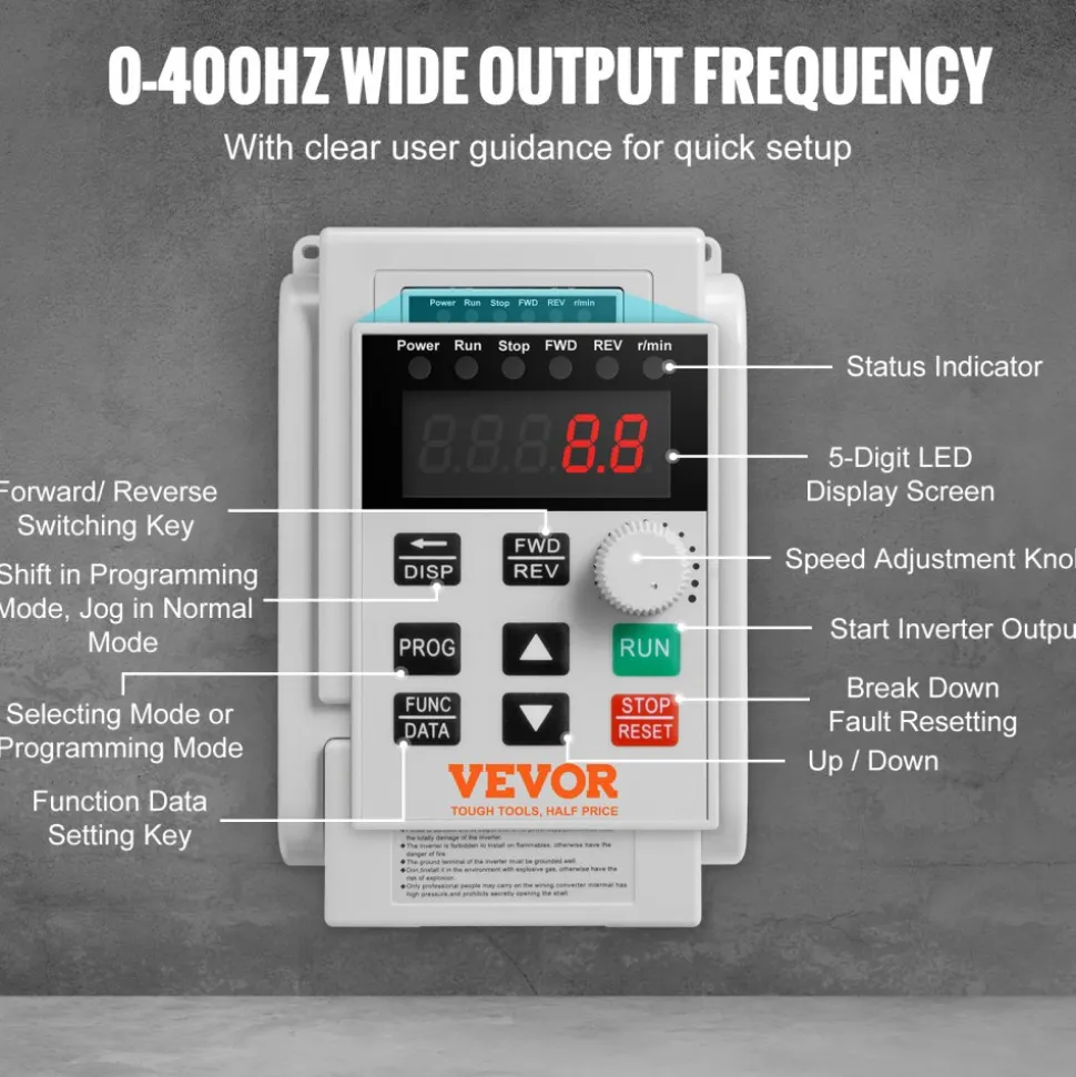 VEVOR VFD 5HP, 4KW, 18A, 1 Phase 220V-240V Input to 3 Phase 220V-240V Output Variable Frequency Drive, 0-400Hz VFD for AC Motor Speed Control