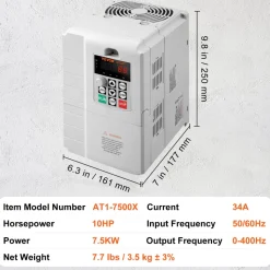 VEVOR VFD 7.5KW, 34A, 10HP Variable Frequency Drive for 3-Phase Motor Speed Control