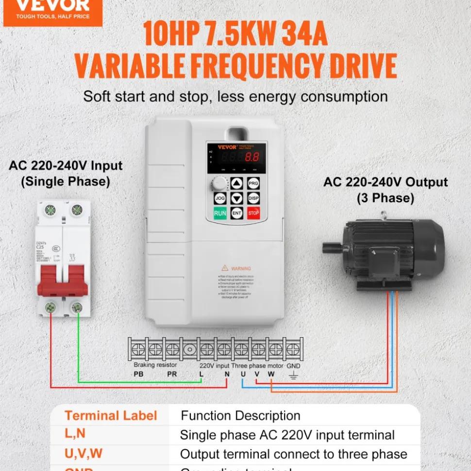 VEVOR VFD 7.5KW, 34A, 10HP Variable Frequency Drive for 3-Phase Motor Speed Control
