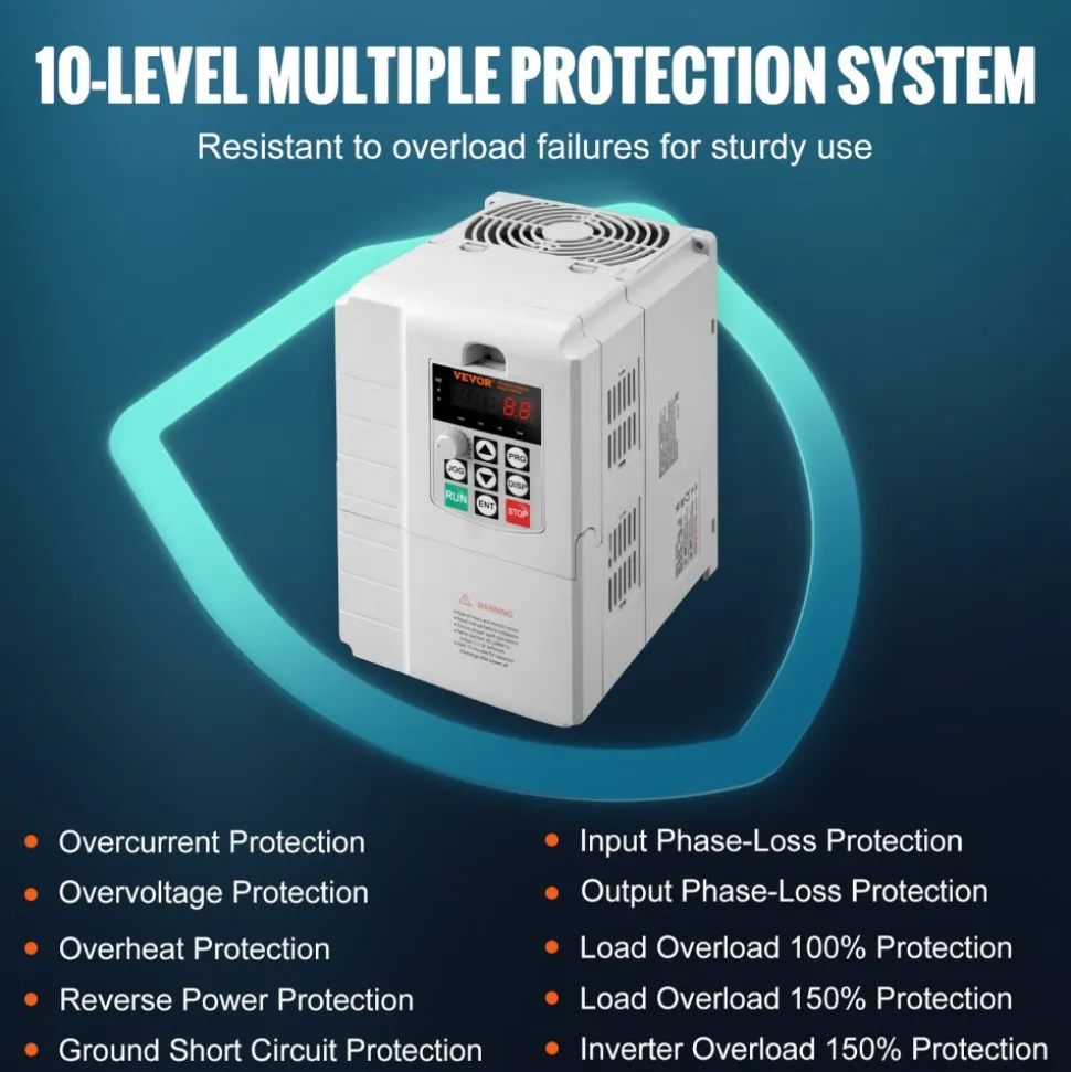 VEVOR VFD 7.5KW, 34A, 10HP Variable Frequency Drive for 3-Phase Motor Speed Control