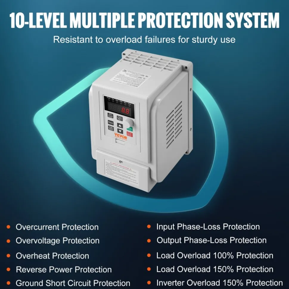 VEVOR VFD 2.2KW 10A 3HP Variable Frequency Drive for 3-Phase Motor Speed Control