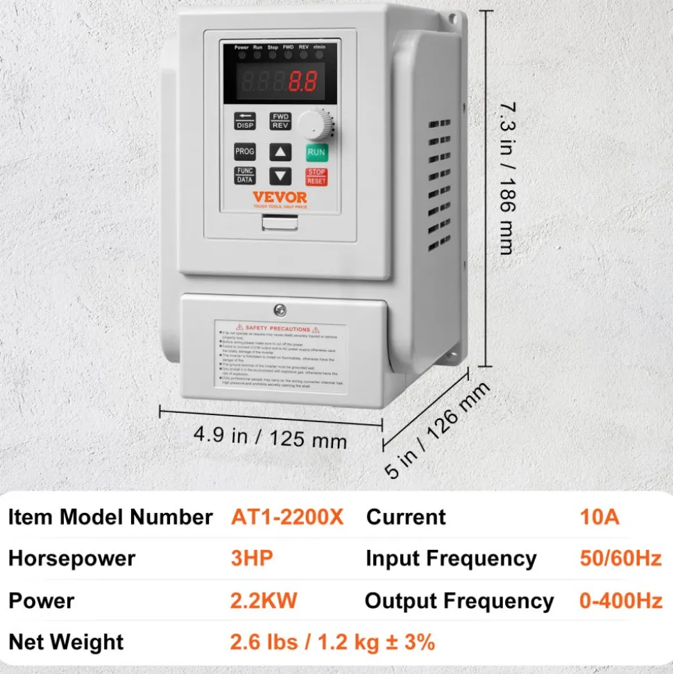 VEVOR VFD 2.2KW 10A 3HP Variable Frequency Drive for 3-Phase Motor Speed Control