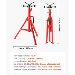 VEVOR V Head Pipe Stand 1/8-12 inch Capacity, Adjustable Height 28-52 inch, Pipe Stands 2500 lbs Load Capacity, Portable Folding Pipe Stands, Carbon Steel Body More Durable