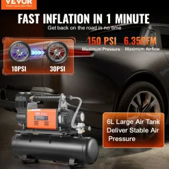 VEVOR 12V Heavy Duty Air Compressor with 6L Tank Kit, 6.35 CFM Portable Tire Inflator, 150PSI Offroad Air Compressor with Digital Pressure Gauge Tire Inflator for Trucks Car SUV 4 x 4 Vehicle RV