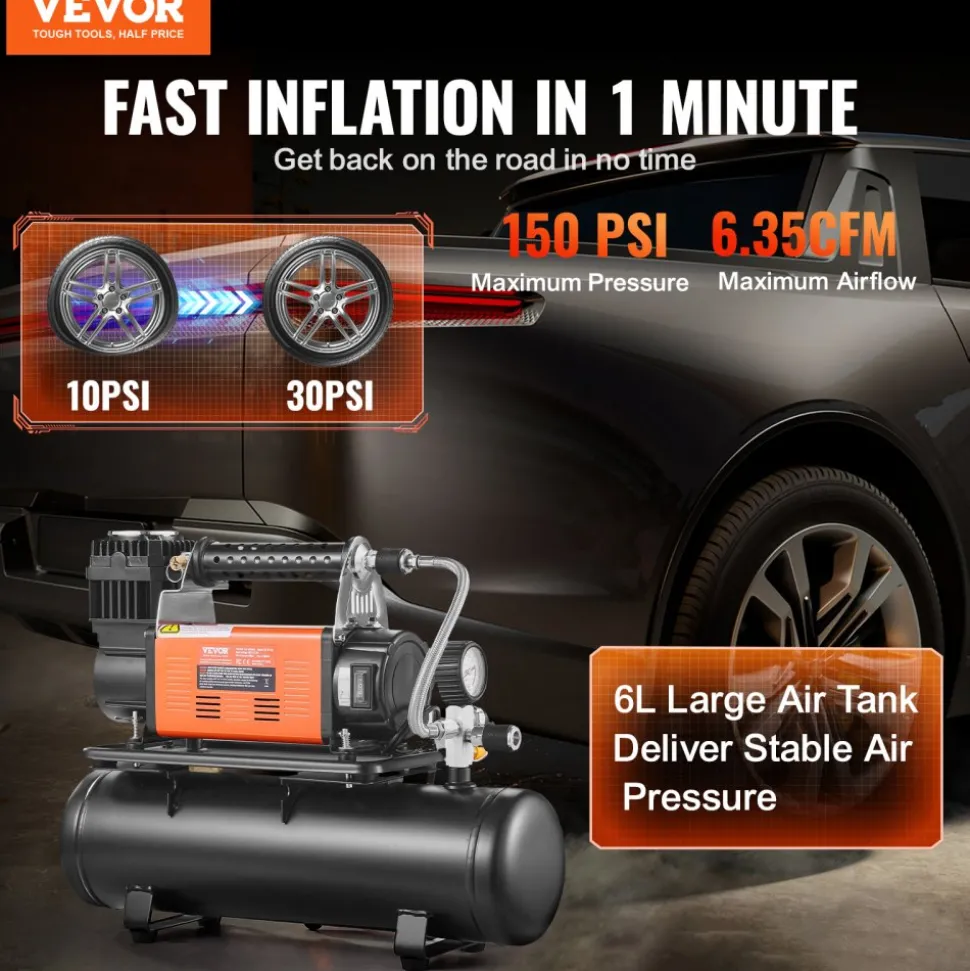 VEVOR 12V Heavy Duty Air Compressor with 6L Tank Kit, 6.35 CFM Portable Tire Inflator, 150PSI Offroad Air Compressor with Digital Pressure Gauge Tire Inflator for Trucks Car SUV 4 x 4 Vehicle RV