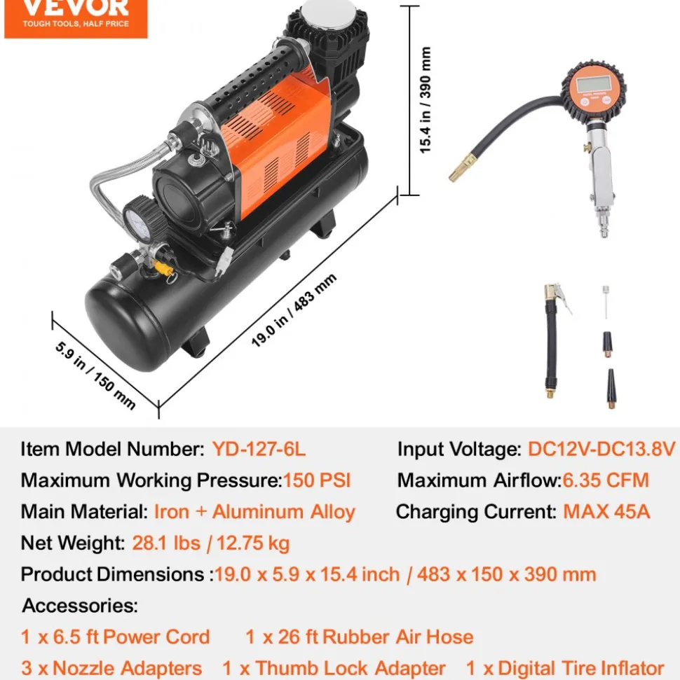 VEVOR 12V Heavy Duty Air Compressor with 6L Tank Kit, 6.35 CFM Portable Tire Inflator, 150PSI Offroad Air Compressor with Digital Pressure Gauge Tire Inflator for Trucks Car SUV 4 x 4 Vehicle RV
