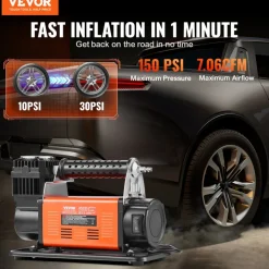 VEVOR 12V Heavy Duty Air Compressor - with Digital Pressure Gauge Tire Inflator Kit, 7.06 CFM Portable Tire Inflator, 150PSI Offroad Air Pump with Adapters for Trucks Car SUV 4 x 4 Vehicle RV
