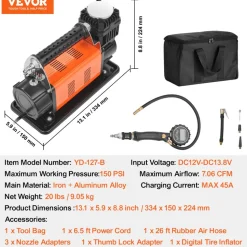 VEVOR 12V Heavy Duty Air Compressor - with Digital Pressure Gauge Tire Inflator Kit, 7.06 CFM Portable Tire Inflator, 150PSI Offroad Air Pump with Adapters for Trucks Car SUV 4 x 4 Vehicle RV