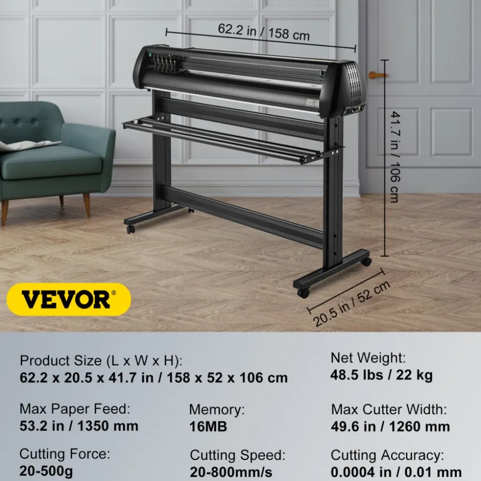 VEVOR Vinyl Cutter, 53inch Vinyl Cutter Plotter with Stand, Adjustable Speed Force for Sign Making Vinyl Plotter, SignMaster Software Vinyl Tape Tools Vinyl Printer Available with COM/USB/Bluetooth