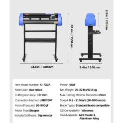 VEVOR Vinyl Cutter, 28" Vinyl Cutter Machine with 20 Blades, Maximum Paper Feed 720mm Vinyl Plotter Cutter Machine with Sturdy Floor Stand Adjustable Force and Speed for Sign Making