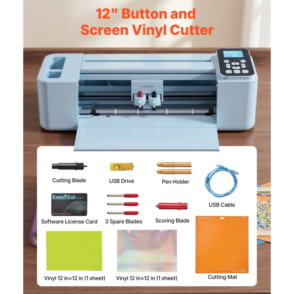VEVOR Vinyl Cutting Machine, 12 in, Button and Screen Controlled Vinyl Cutter, 20000+ Built-in Design Resources, Compatible with Mac, Windows, Android and iOS, for Creating Customized Crafts Cards