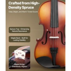 VEVOR Violin 4/4 Full Size for Adults, Violin Fiddle Set for Beginners Student with Hard Case, Rosin, Bow, Shoulder Rest,Bridge,Extra Strings,Professional Solidwood Instrument (Matte Brown)