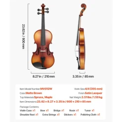 VEVOR Violin 4/4 Full Size for Adults, Violin Fiddle Set for Beginners Student with Hard Case, Rosin, Bow, Shoulder Rest,Bridge,Extra Strings,Professional Solidwood Instrument (Matte Brown)
