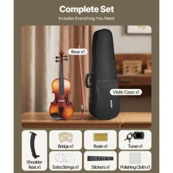 VEVOR Violin 4/4 Full Size for Adults, Violin Fiddle Set for Beginners Student with Hard Case, Rosin, Bow, Shoulder Rest,Bridge,Extra Strings,Professional Solidwood Instrument (Matte Brown)