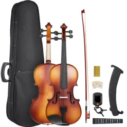 VEVOR Violin 4/4 Full Size for Adults, Violin Fiddle Set for Beginners Student with Hard Case, Rosin, Bow, Shoulder Rest,Bridge,Extra Strings,Professional Solidwood Instrument (Matte Brown)