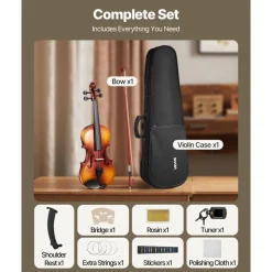 VEVOR Violin 4/4 Full Size for Adults, Violin Fiddle Set for Beginners Student with Hard Case, Rosin, Bow, Shoulder Rest,Bridge,Extra Strings,Professional Solidwood Instrument (Matte Brown Patterned)