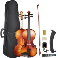 VEVOR Violin 4/4 Full Size for Adults, Violin Fiddle Set for Beginners Student with Hard Case,Rosin, Bow,Shoulder Rest,Bridge,Extra Strings,Professional Solidwood Instrument (Glossy Brown Patterned)