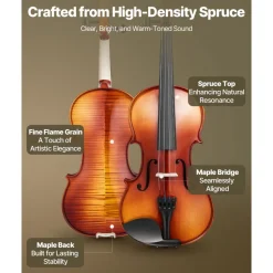 VEVOR Violin 4/4 Full Size for Adults, Violin Fiddle Set for Beginners Student with Hard Case,Rosin, Bow,Shoulder Rest,Bridge,Extra Strings,Professional Solidwood Instrument (Glossy Brown Patterned)