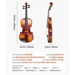 VEVOR Violin 4/4 Full Size for Adults, Violin Fiddle Set for Beginners Student with Hard Case,Rosin, Bow,Shoulder Rest,Bridge,Extra Strings,Professional Solidwood Instrument (Glossy Brown Patterned)