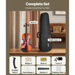 VEVOR Violin 4/4 Full Size for Adults, Violin Fiddle Set for Beginners Student with Hard Case,Rosin, Bow,Shoulder Rest,Bridge,Extra Strings,Professional Solidwood Instrument (Glossy Brown)
