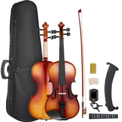 VEVOR Violin 4/4 Full Size for Adults, Violin Fiddle Set for Beginners Student with Hard Case,Rosin, Bow,Shoulder Rest,Bridge,Extra Strings,Professional Solidwood Instrument (Glossy Brown)