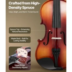VEVOR Violin 4/4 Full Size for Adults, Violin Fiddle Set for Beginners Student with Hard Case,Rosin, Bow,Shoulder Rest,Bridge,Extra Strings,Professional Solidwood Instrument (Glossy Brown)