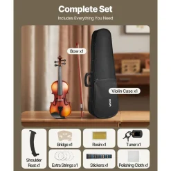 VEVOR Violin 1/2 Size for Adults, Violin Fiddle Set for Beginners Student with Hard Case, Rosin, Bow, Shoulder Rest,Bridge,Tuner and Extra Strings,Solidwood Professional Musical Instruments (Brown)