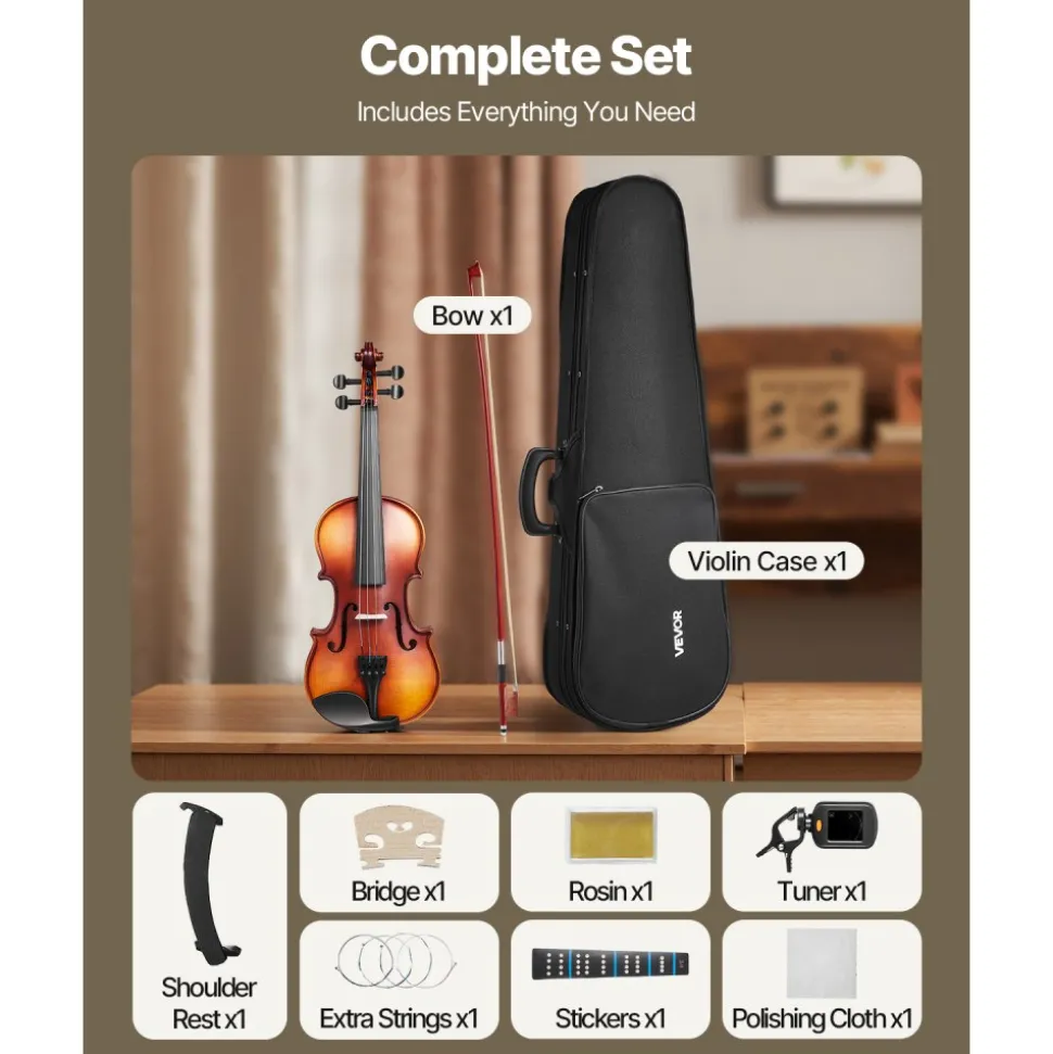 VEVOR Violin 3/4 Size for Adults, Violin Fiddle Set for Beginners Student with Hard Case, Rosin, Bow, Shoulder Rest,Bridge,Tuner and Extra Strings,Solidwood Professional Musical Instruments (Brown)