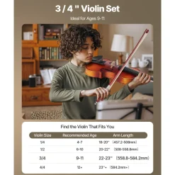 VEVOR Violin 3/4 Size for Adults, Violin Fiddle Set for Beginners Student with Hard Case, Rosin, Bow, Shoulder Rest,Bridge,Tuner and Extra Strings,Solidwood Professional Musical Instruments (Brown)