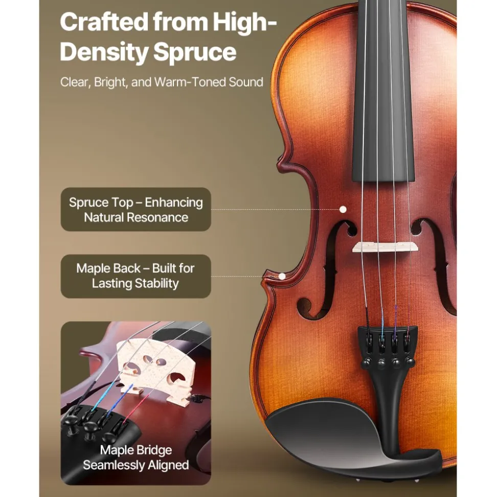 VEVOR Violin 1/4 Size for Adults, Violin Fiddle Set for Beginners Student with Hard Case, Rosin, Bow, Shoulder Rest,Bridge,Tuner and Extra Strings,Solidwood Professional Musical Instruments (Brown)