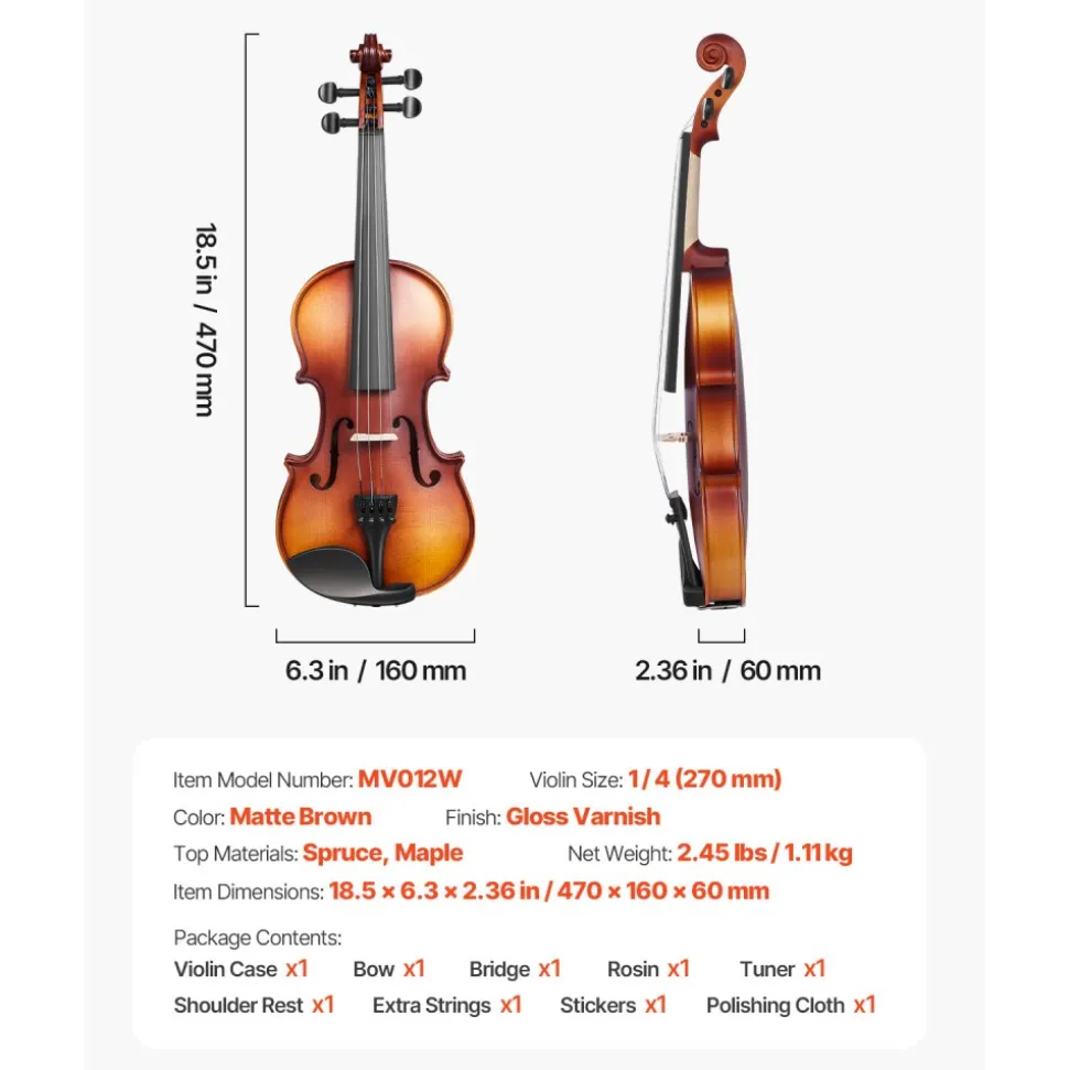VEVOR Violin 1/4 Size for Adults, Violin Fiddle Set for Beginners Student with Hard Case, Rosin, Bow, Shoulder Rest,Bridge,Tuner and Extra Strings,Solidwood Professional Musical Instruments (Brown)