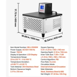 VEVOR Viscometer Water Bath, 23 to 212°F, 5.51" x 5.51" Tank, PID Temp Control, Thermostatic Water Circulating Bath with Internal and External Circulation, Fits Various Rotational Viscometers for Lab