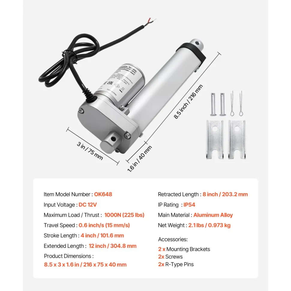 VEVOR 12V Linear Actuator, 4 Inch High Speed 0.6"/s Linear Motion Actuator, 225lbs/1000N with IP54 Protection & Mounting Bracket for Lift Desk, Recliner Chairs, Window Door Opener