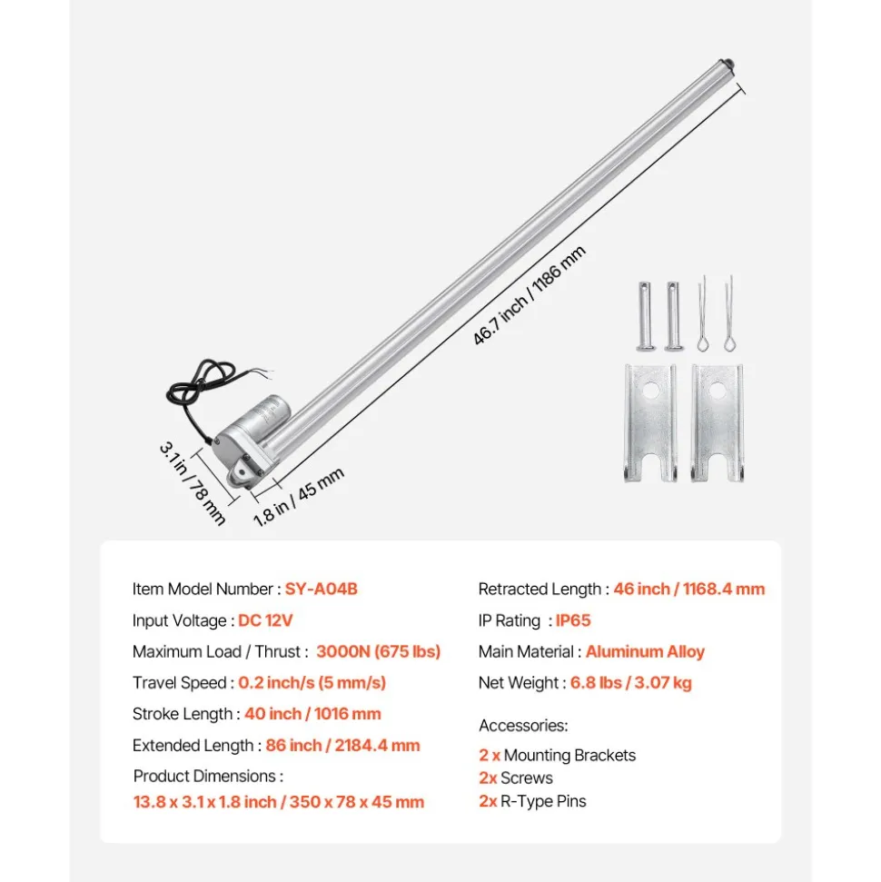 VEVOR 12V Linear Actuator, 40 Inch IP65 Waterproof Linear Actuator, 675lbs/3000N 0.2"/s Motion Actuators with Mounting Bracket for Outdoor Use