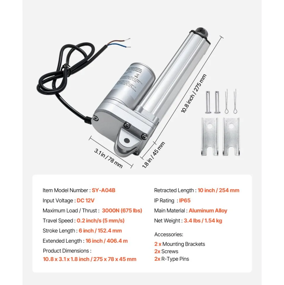 VEVOR 12V Linear Actuator, 6 Inch IP65 Waterproof Linear Actuator, 675lbs/3000N 0.2"/s Motion Actuators with Mounting Brackets for Outdoor Use