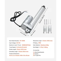 VEVOR 12V Linear Actuator, 8 Inch IP65 Waterproof Linear Actuator, 675lbs/3000N 0.2