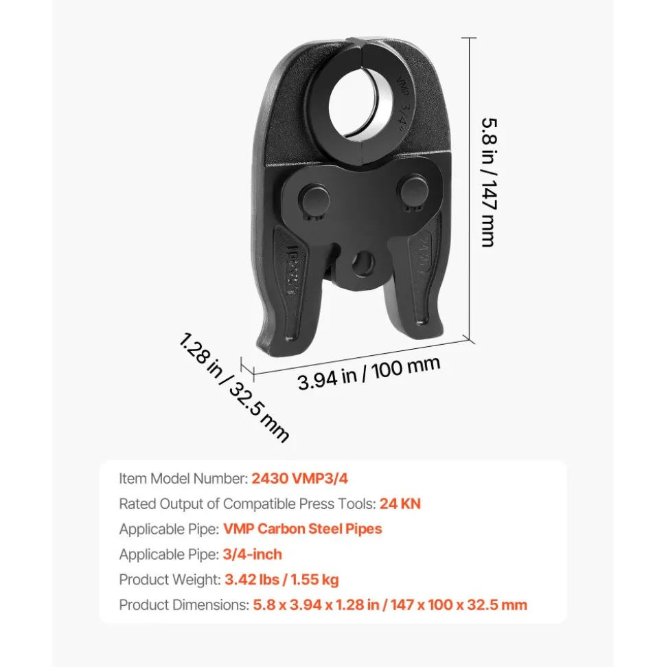 VEVOR 3/4" VMP Jaw for 24KN Compact Series Press Tools, 52 HRC Hardened Steel Pressing Jaw - Compatible with MegaPress Carbon Steel Pipes Connections