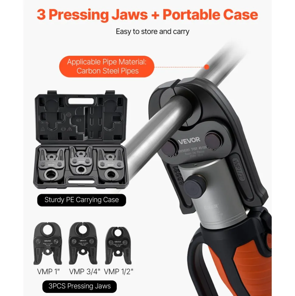 VEVOR VMP Press Jaws, 3PCS Pressing Jaws 1/2", 3/4" & 1" - Compatible with Megapress Carbon Steel Pipes, Work with 32KN Standard Press Tools, Includes Carrying Case