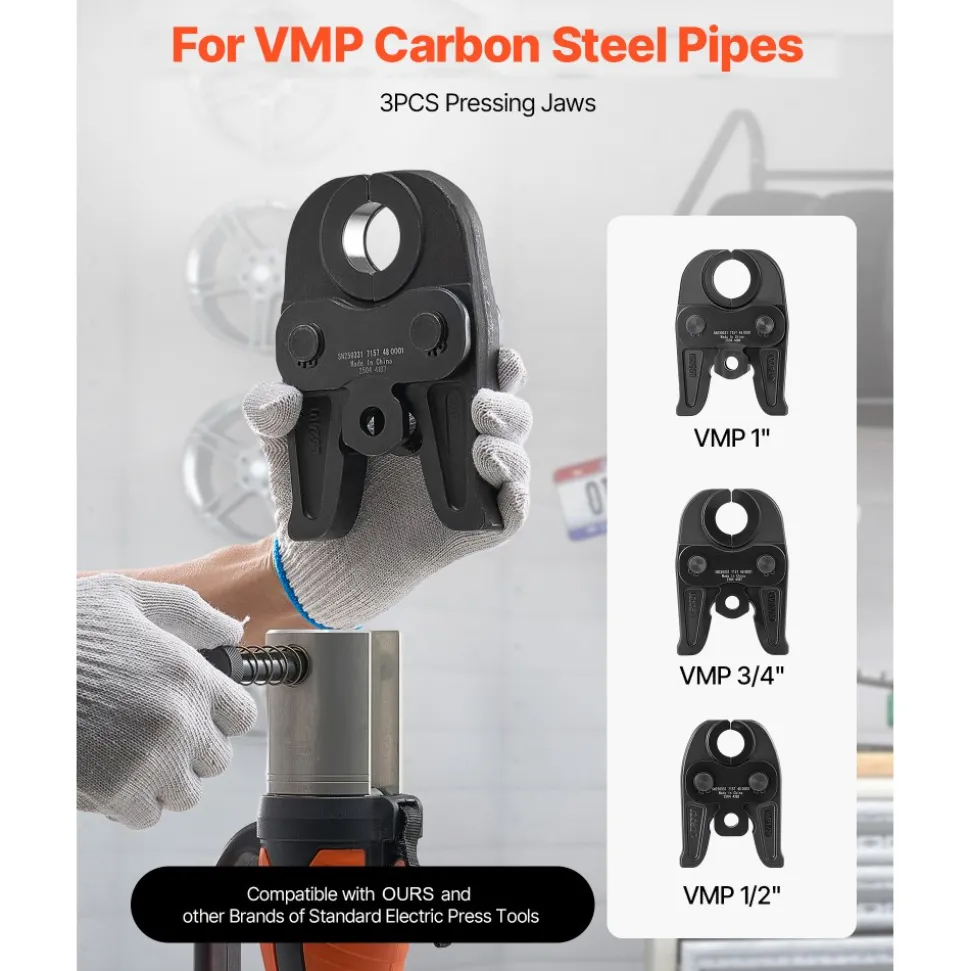 VEVOR VMP Press Jaws, 3PCS Pressing Jaws 1/2", 3/4" & 1" - Compatible with Megapress Carbon Steel Pipes, Work with 32KN Standard Press Tools, Includes Carrying Case