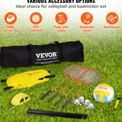 VEVOR Volleyball and Badminton Set, Outdoor Portable Badminton Net, Adjustable Height Steel Poles, Professional Combo Set with PVC Volleyball, Pump, Carrying Bag, Easy Setup for Backyard Beach Lawn