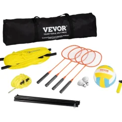 VEVOR Volleyball and Badminton Set, Outdoor Portable Badminton Net, Adjustable Height Steel Poles, Professional Combo Set with PVC Volleyball, Pump, Carrying Bag, Easy Setup for Backyard Beach Lawn