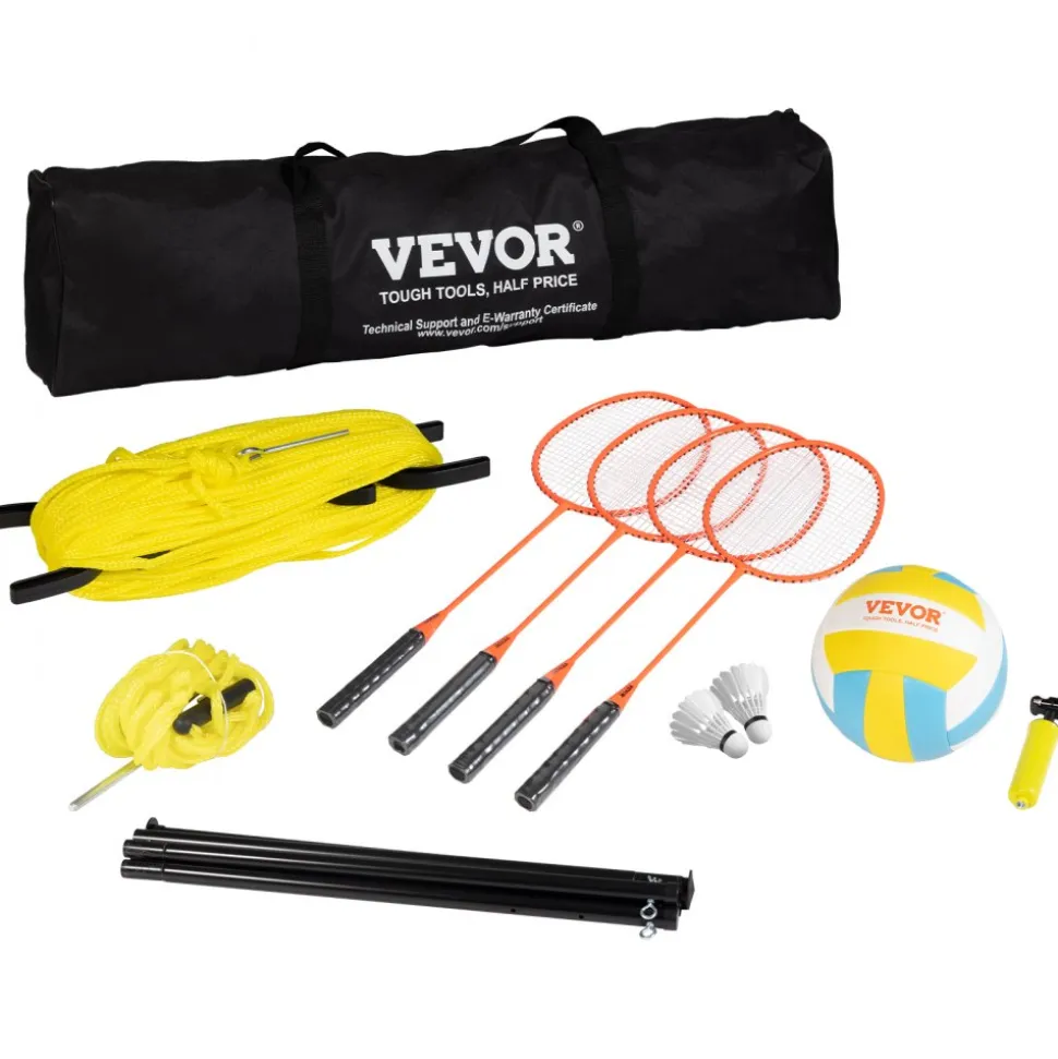 VEVOR Volleyball and Badminton Set, Outdoor Portable Badminton Net, Adjustable Height Steel Poles, Professional Combo Set with PVC Volleyball, Pump, Carrying Bag, Easy Setup for Backyard Beach Lawn