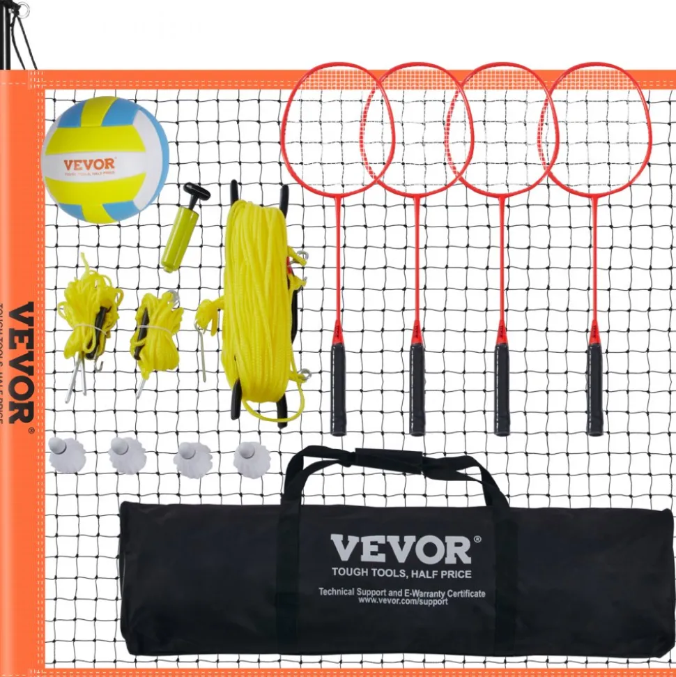 VEVOR Volleyball and Badminton Set, Outdoor Portable Badminton Net, Adjustable Height Steel Poles, Professional Combo Set with PVC Volleyball, Pump, Carrying Bag, Easy Setup for Backyard Beach Lawn