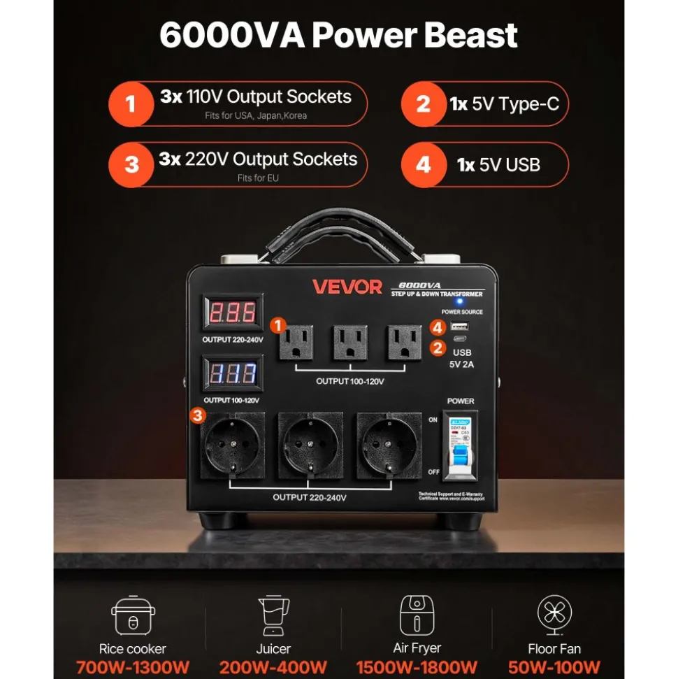 VEVOR Voltage Auto Converter Transformer, 6000VA, Heavy Duty Step Up/Down Power Transformer, 110V to 220V and 220V to 110V, with 3 US Outlets, 3 EU Outlets, LCD Display, Circuit Breaker Protection
