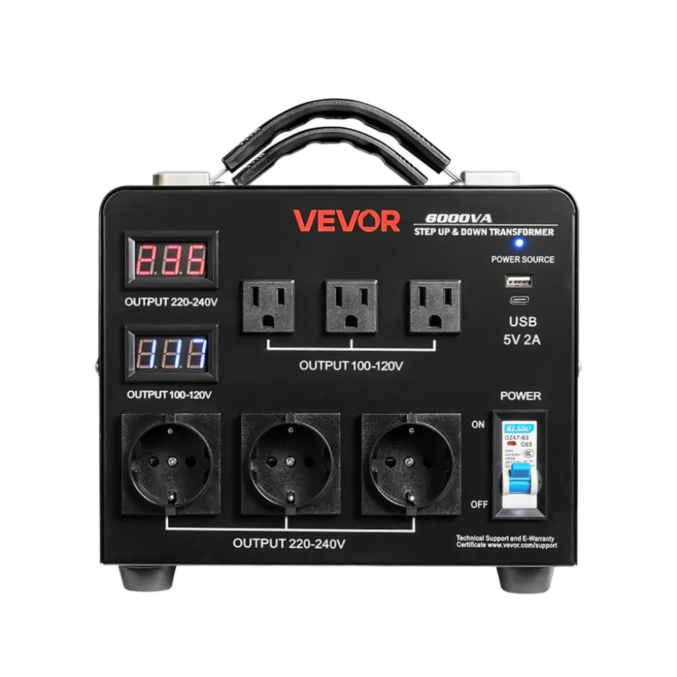 VEVOR Voltage Auto Converter Transformer, 6000VA, Heavy Duty Step Up/Down Power Transformer, 110V to 220V and 220V to 110V, with 3 US Outlets, 3 EU Outlets, LCD Display, Circuit Breaker Protection