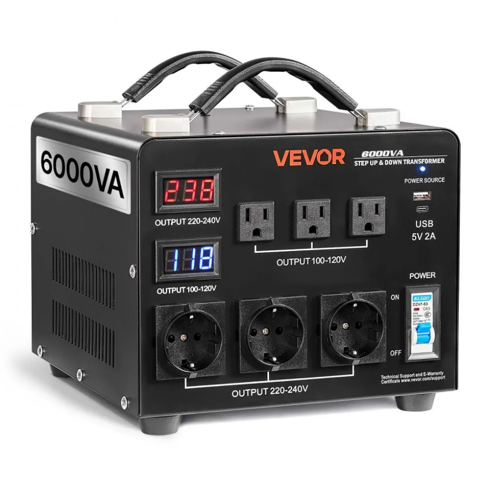 VEVOR Voltage Auto Converter Transformer, 6000VA, Heavy Duty Step Up/Down Power Transformer, 110V to 220V and 220V to 110V, with 3 US Outlets, 3 EU Outlets, LCD Display, Circuit Breaker Protection