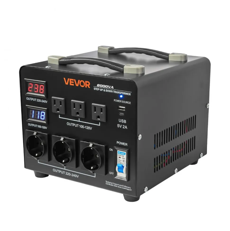 VEVOR Voltage Auto Converter Transformer, 6000VA, Heavy Duty Step Up/Down Power Transformer, 110V to 220V and 220V to 110V, with 3 US Outlets, 3 EU Outlets, LCD Display, Circuit Breaker Protection